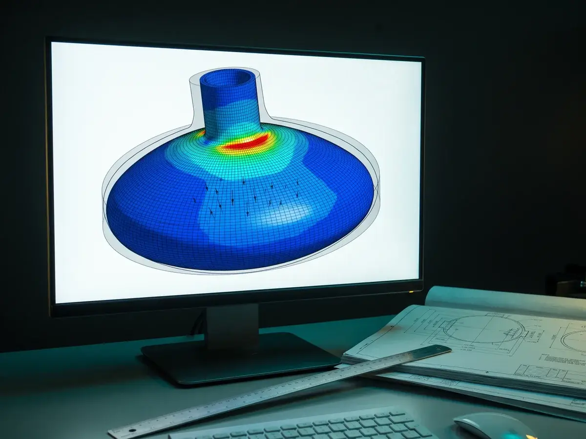 Nonlinear analysis FEA stress contour of a pressure vessel nozzle, with color bands showing where a thinner wall still holds