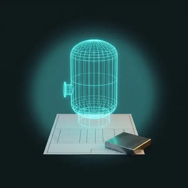 Teal wireframe of a vessel with a nozzle over a data sheet and a cut plate sample: the inputs for pressure vessel stress work