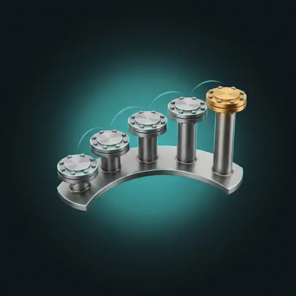 Five capped nozzles of rising height on a vessel shell, the tallest flange gold: the gates of a pressure vessel stress plan