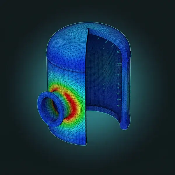 Pressure vessel stress analysis model of a vessel head and nozzle, red at the nozzle weld where internal pressure load peaks