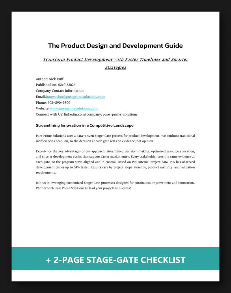 Cover of the free product design and development gate checklist and 11-page guide from PPS, a PDF on running Stage-Gate work