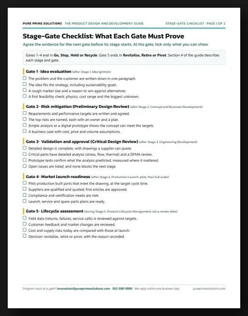 Page 1 of the free product development gate checklist: what each of the five Stage-Gate reviews must prove first