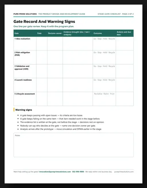 Page 2 of the free product development gate checklist: a gate record table and warning signs for program leaders