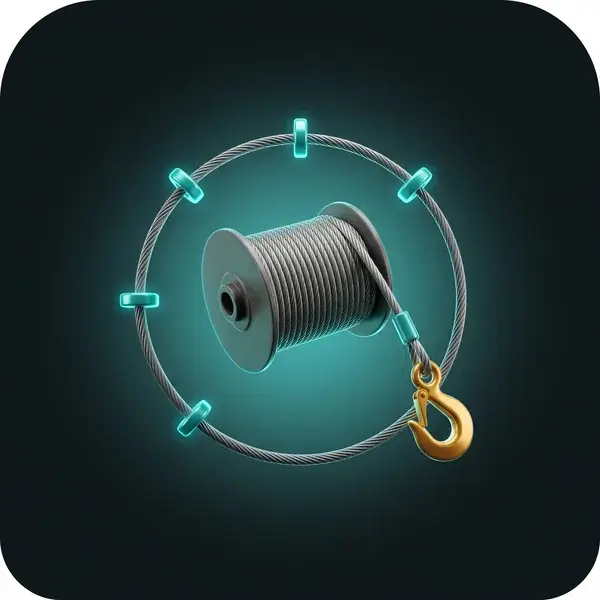 Wire rope off a winch drum through four teal ferrules to a gold hook: the gates in a product development services roadmap