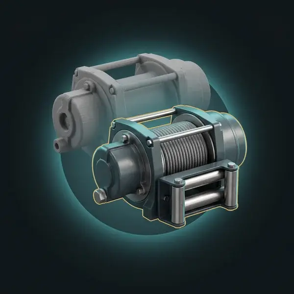 A production-ready winch before a ghosted printed concept: the design and drawings product development services hand over