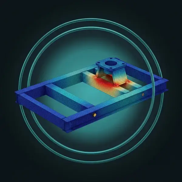 FEA of a pump skid frame with red stress under the pump pad, inside a teal loop: engineering project management in one loop