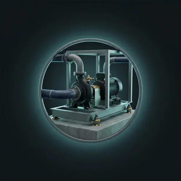 Pump skid bolted to a concrete pad with gold stripes on its anchor nuts: engineering project management support in service