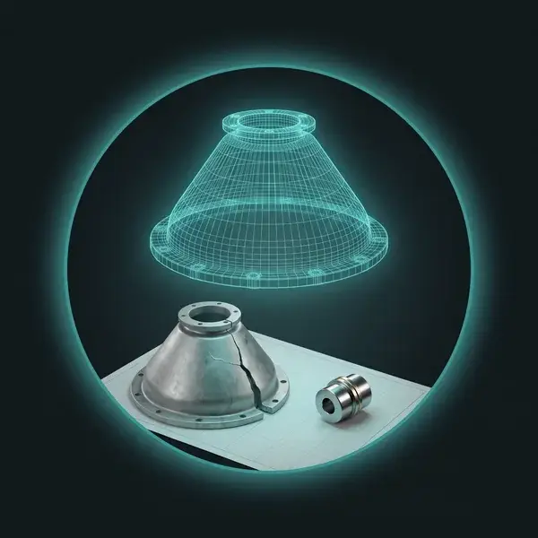 Wireframe of a bell housing over a blank sheet with a cracked prototype and coupling: the review prototype companies skip