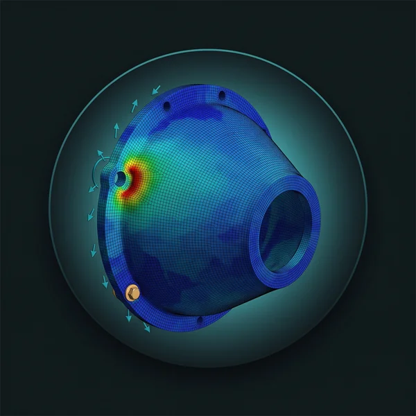 FEA of a bell housing with red stress where the flange meets the cone: the design check before prototype development builds