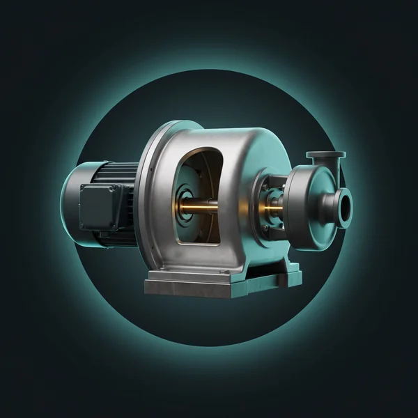 Bell housing joining a motor and pump with a gold alignment line on the shafts: support after handoff, unlike prototype firms