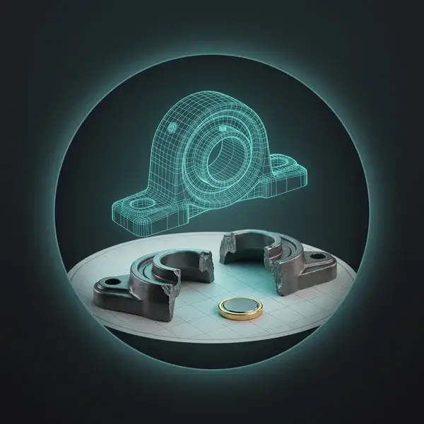 Wireframe of a bearing housing over a data sheet with a broken housing and a sensor: the review in research and development