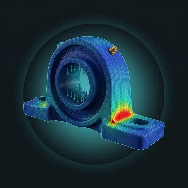 FEA of a cast bearing housing with red stress at the base fillet by a bolt slot: root cause work in research and development