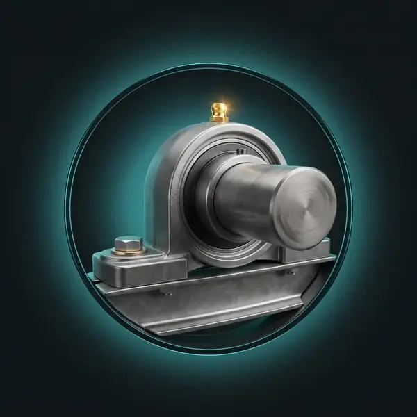 New bearing housing in service on a conveyor frame with a gold grease cap: research and development support after the handoff