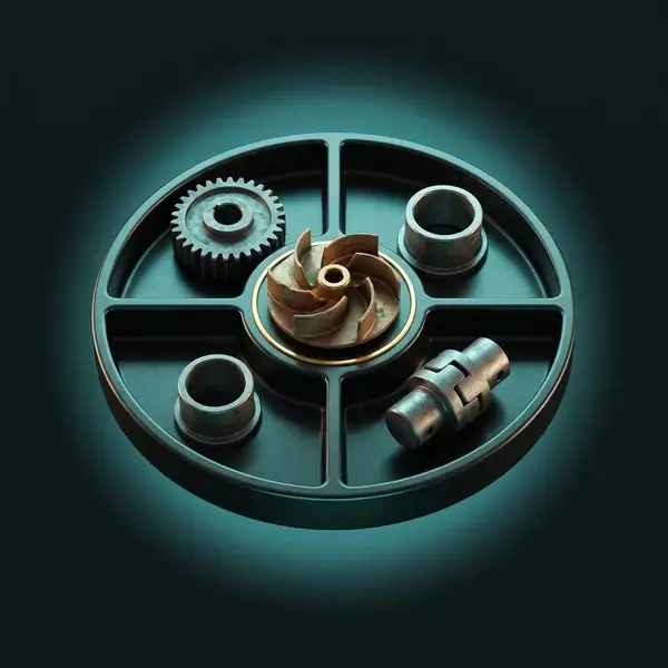 Tray of worn legacy parts with the impeller raised in a gold ring: parts ranked by risk and value in reverse engineering