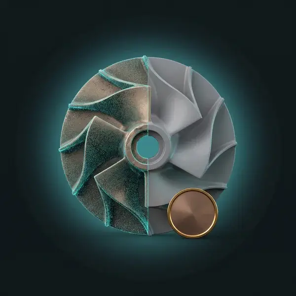 Impeller half scan points and half solid CAD with a bronze disc: measuring and material ID in reverse engineering services