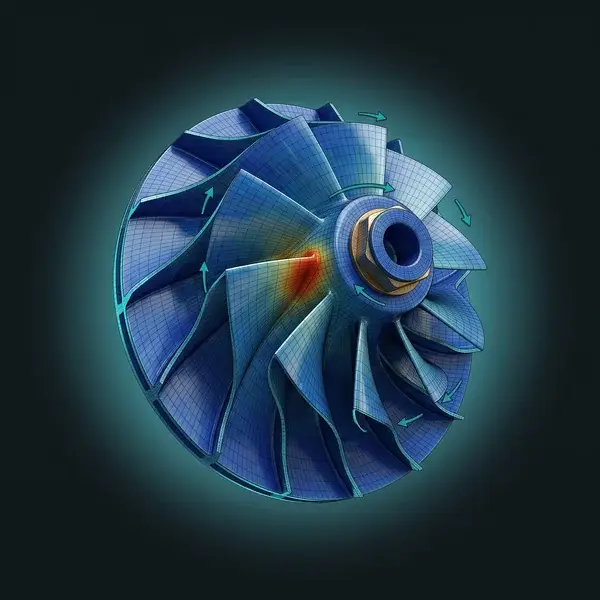FEA of a rebuilt impeller, orange stress at a vane root fillet: the fix found before reverse engineering services release