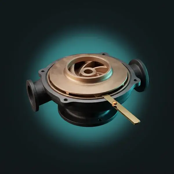 Impeller in a casing with a gold feeler gauge at the wear ring: first-article checks as reverse engineering services support
