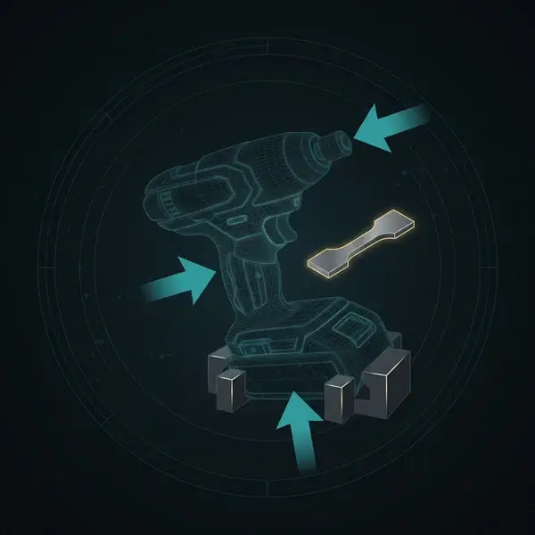 Tool wireframe with load arrows, base clamps and a material test coupon