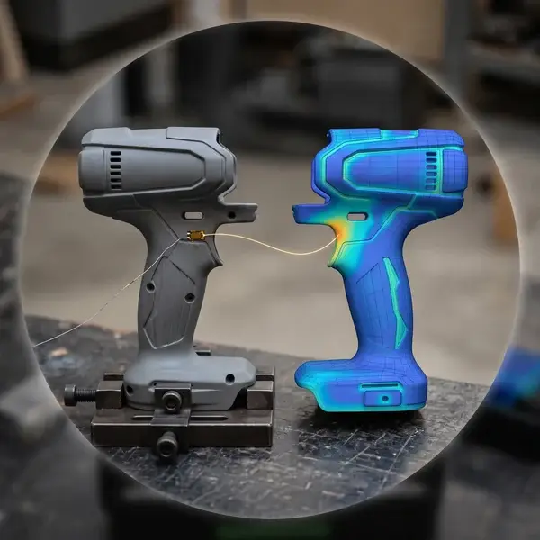 Tested tool housing with a strain gauge beside its simulated twin