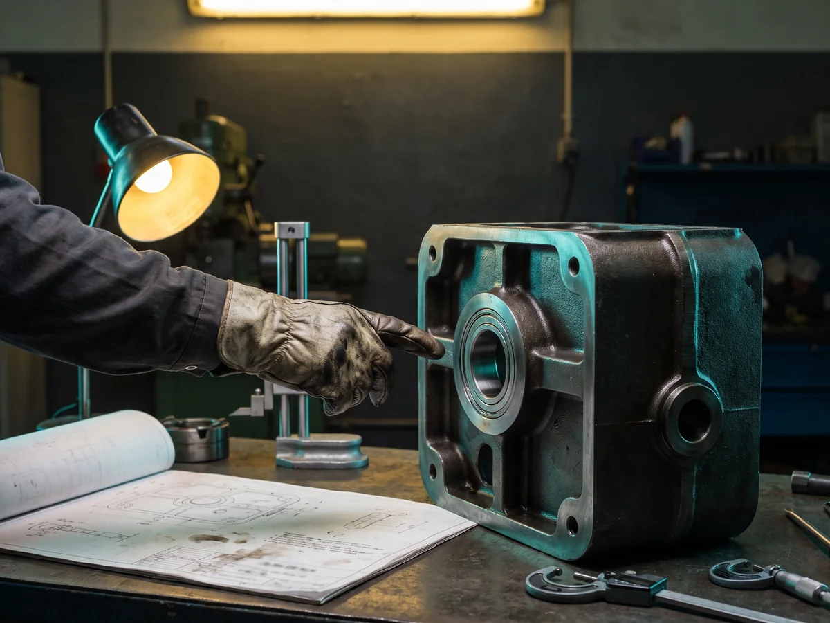 Engineer and partner shop review a machined housing against its drawing before release, an engineering leadership practice