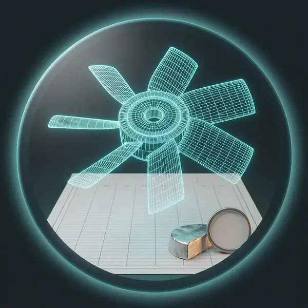 Wireframe of a fan rotor over a target sheet with a recycled ingot slice: the review that starts sustainable product design