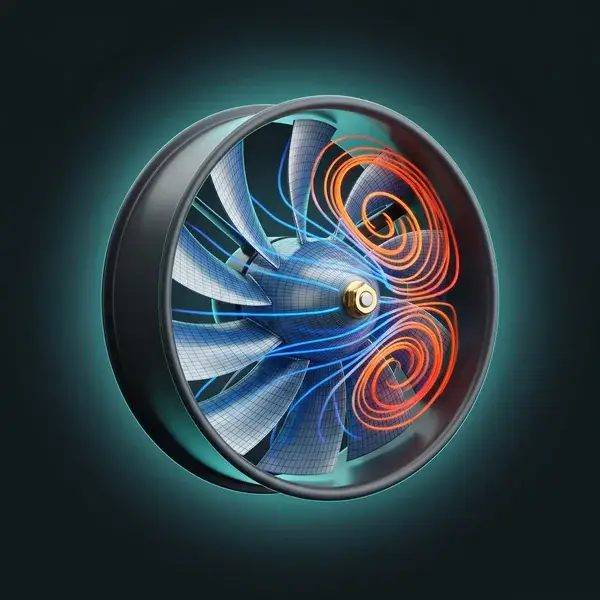 CFD of a fan rotor in a duct with blue-to-red streamlines through the blades: the flow check in sustainable product design