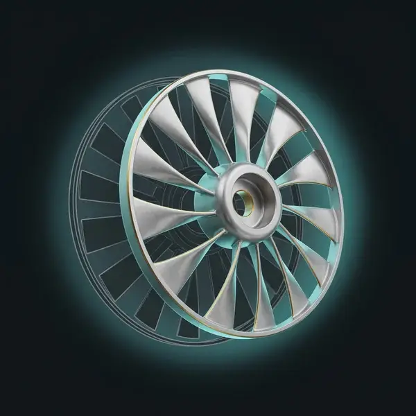 Lighter fan rotor with swept blades before a grey outline of the heavy rotor: the design from sustainable product design