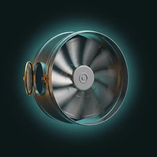 Fan rotor in a duct ring with a hatch open on gold hinges for repair: support after delivery in sustainable product design
