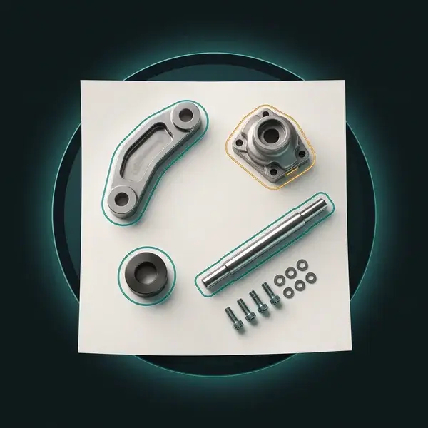 Small assembly laid out part by part on a blank sheet with teal outlines, the first value engineering review of your BOM