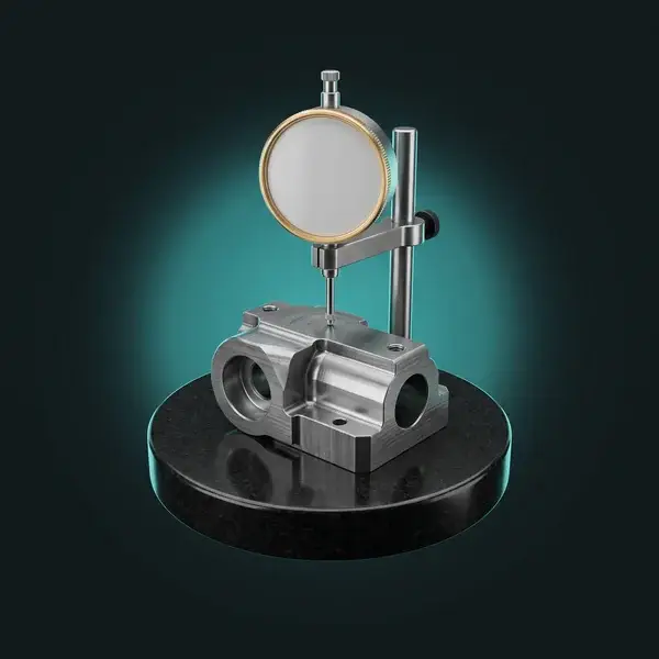 Machined part on a granite surface plate with a gold dial indicator: first-article checks as part of value engineering help