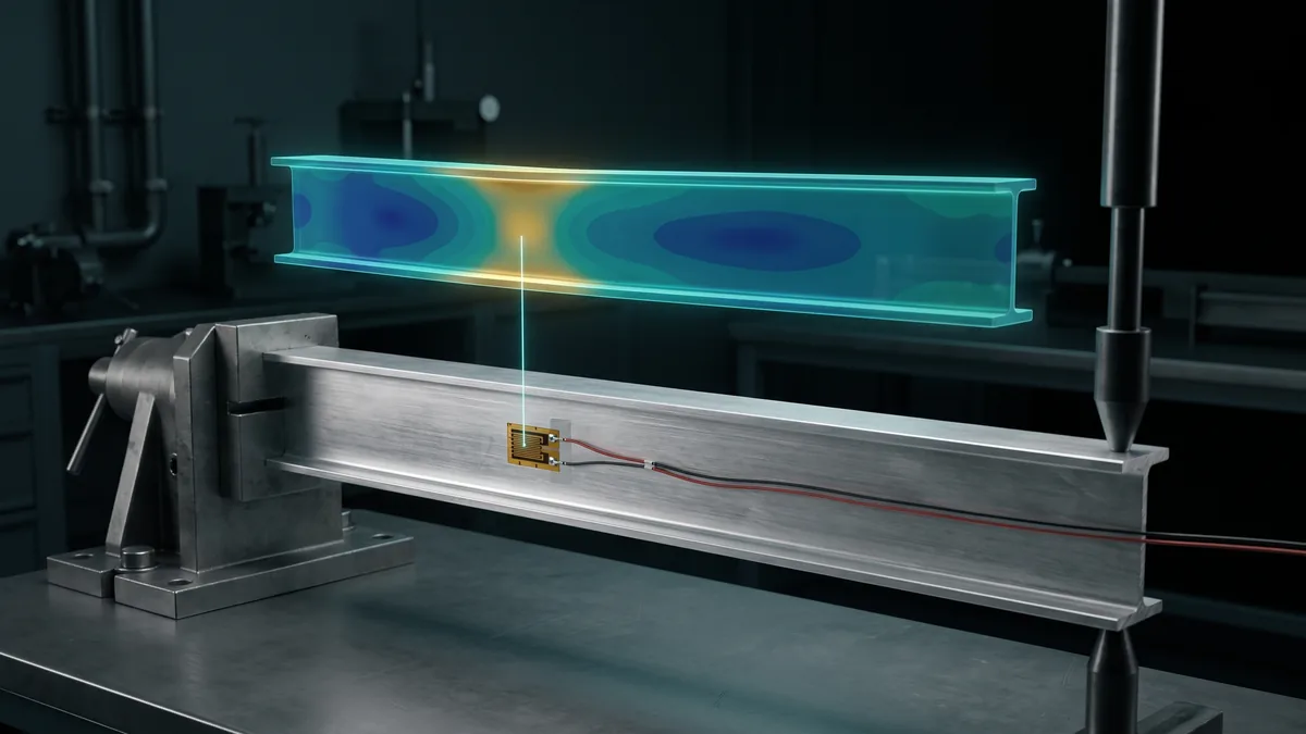 Strain gauge on a part under load beside the matching point on its stress model, showing verification and validation at work