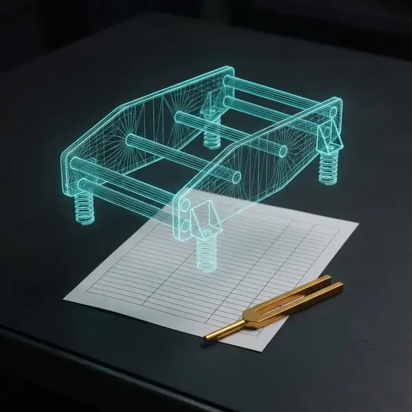Teal wireframe of a screen frame on springs over a data sheet with a gold tuning fork: inputs for vibration analysis services