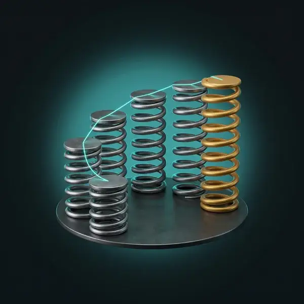Five steel coil springs in an arc, each taller than the last and the final one gold: the gates of a vibration analysis plan