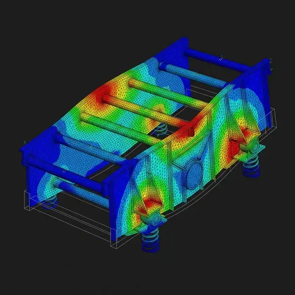 Vibration analysis services mode shape of a screen frame, side plates bowed over a grey outline, red at the cross-tube welds