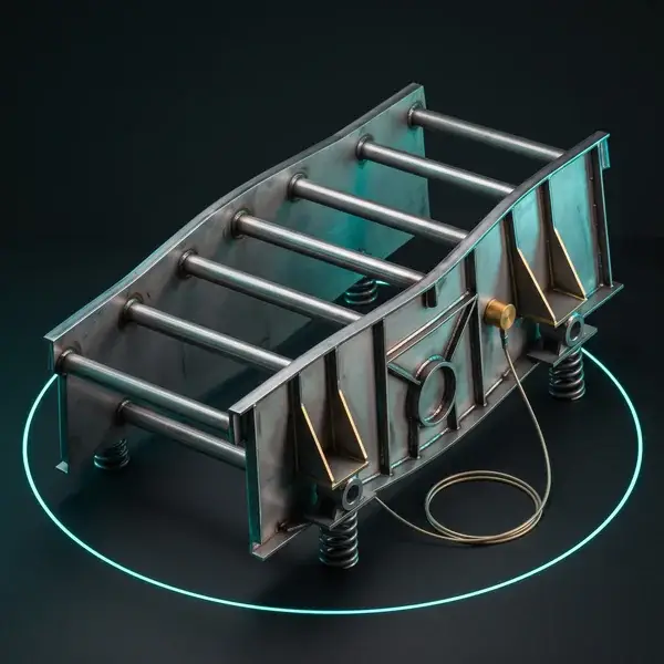 Screen frame on springs with a gold accelerometer on a side plate: vibration analysis services support after the design ships